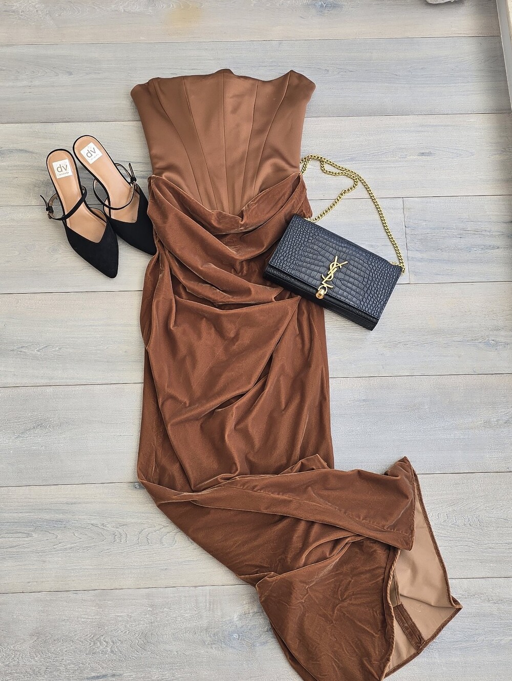 🎀House Of CB🎀 Persephone Coffee Velvet Corset Maxi Dress- Small PLUS CUP - Picture 7 of 9